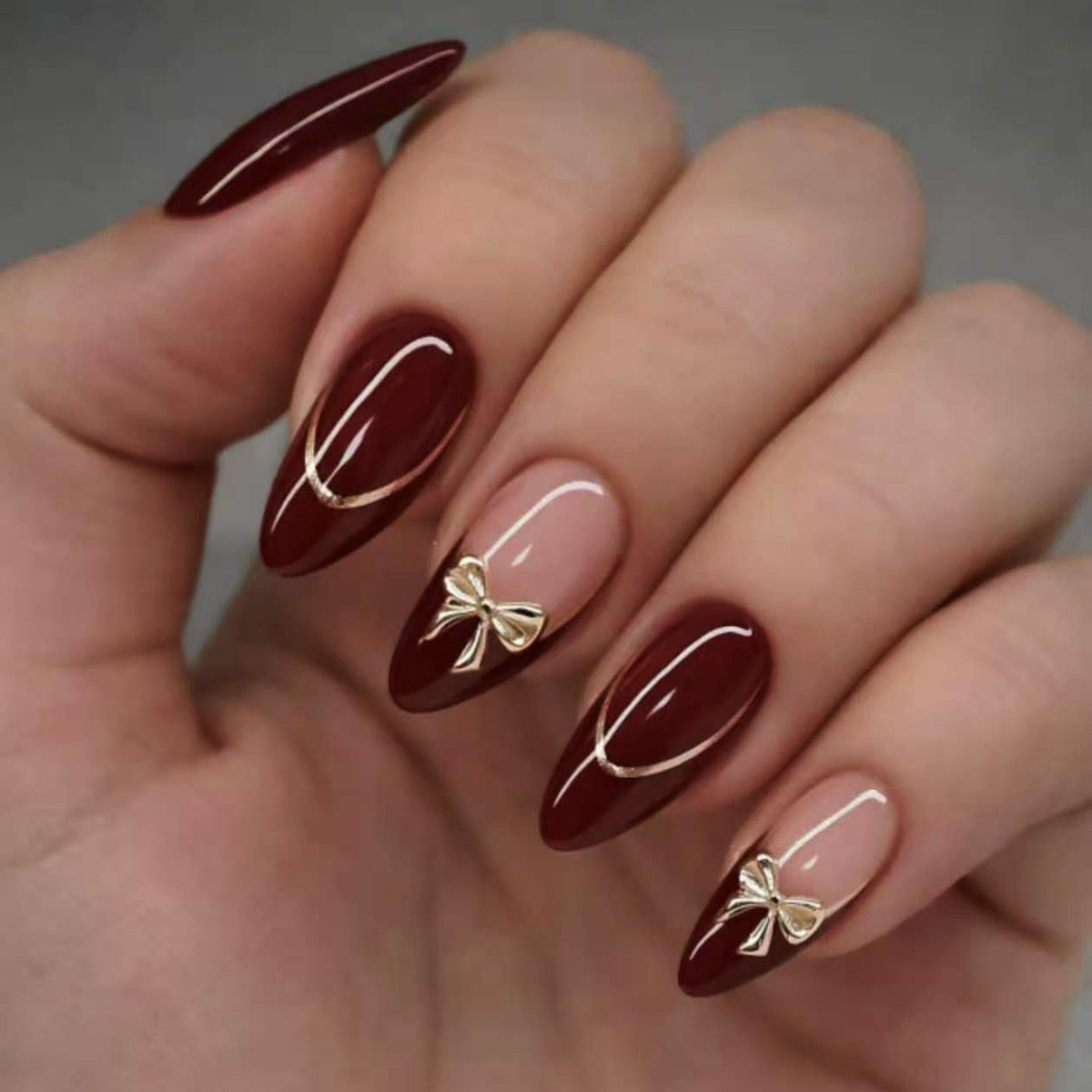 Nail Art Red Wine - 24Pcs Retro Wine Red French Almond