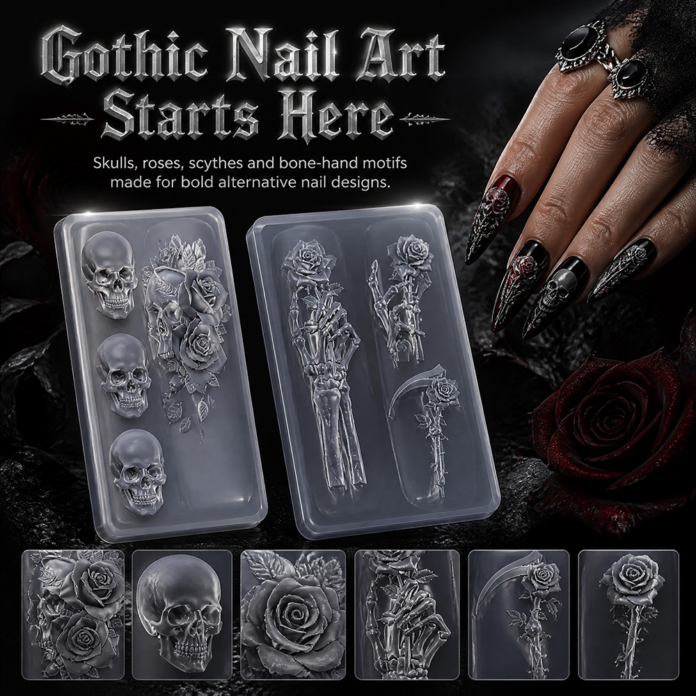 Nail Art Gothic - 2Pcs Set Dark Rose Skull Silicone