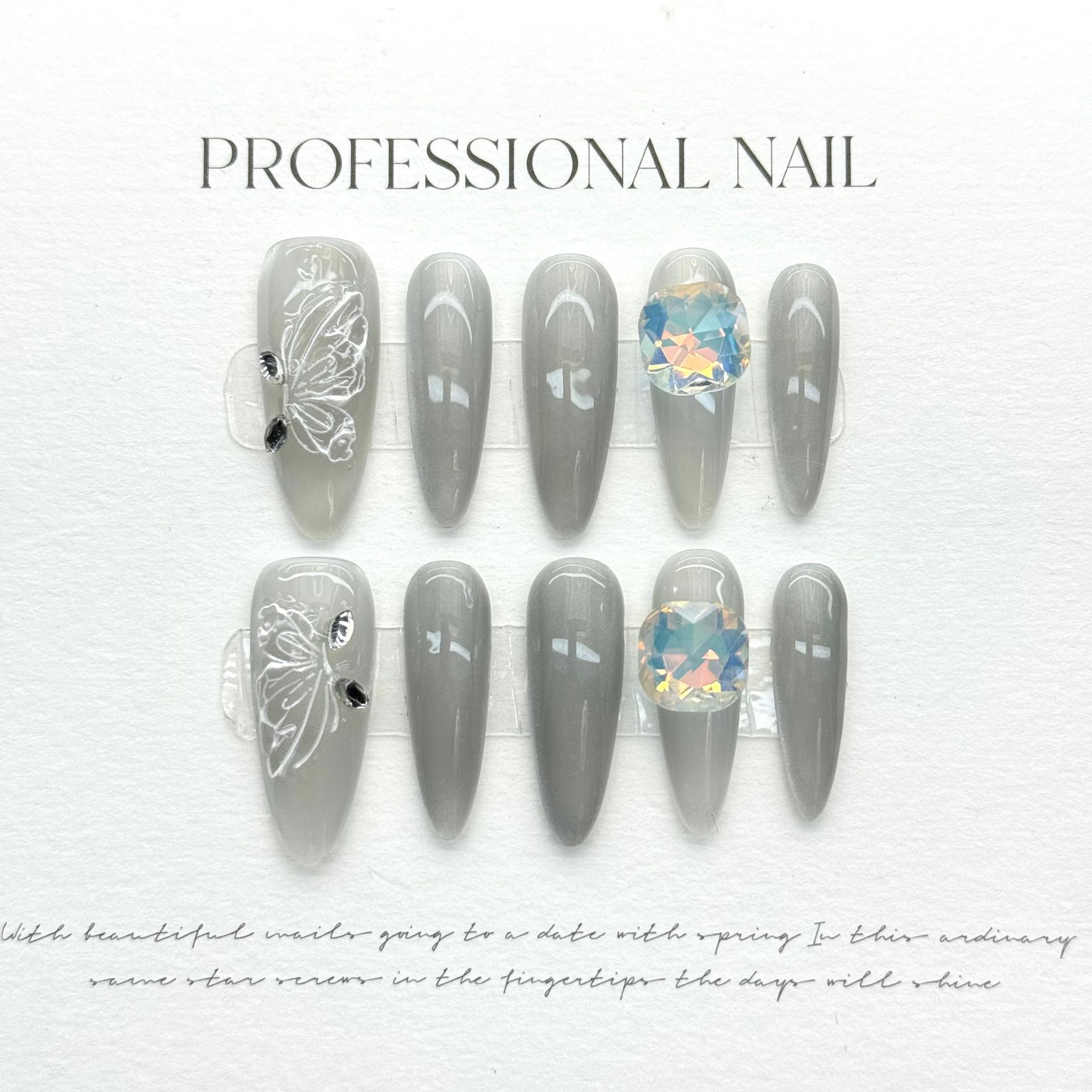Nail Art Full Cat Eye - 10pcs Long Gray Cat Eye Oval