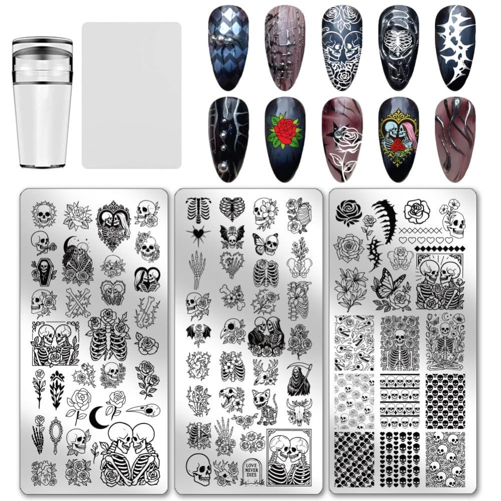 Nail Art Gothic - 3pcs Skull Nail Stamping Plates Bone