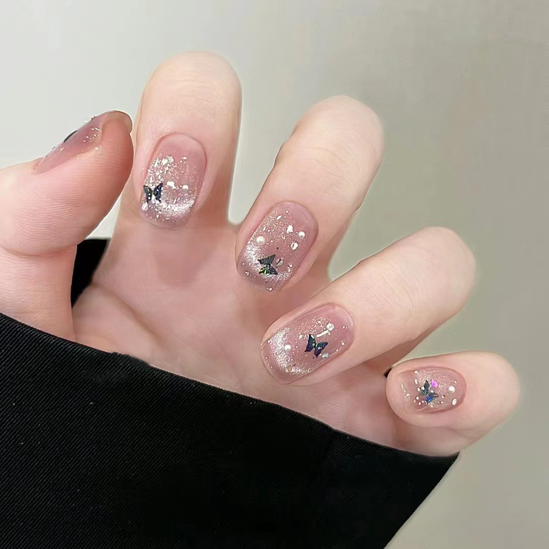 Nail Art Full Cat Eye - 24Pcs French Glitter Press on Nails