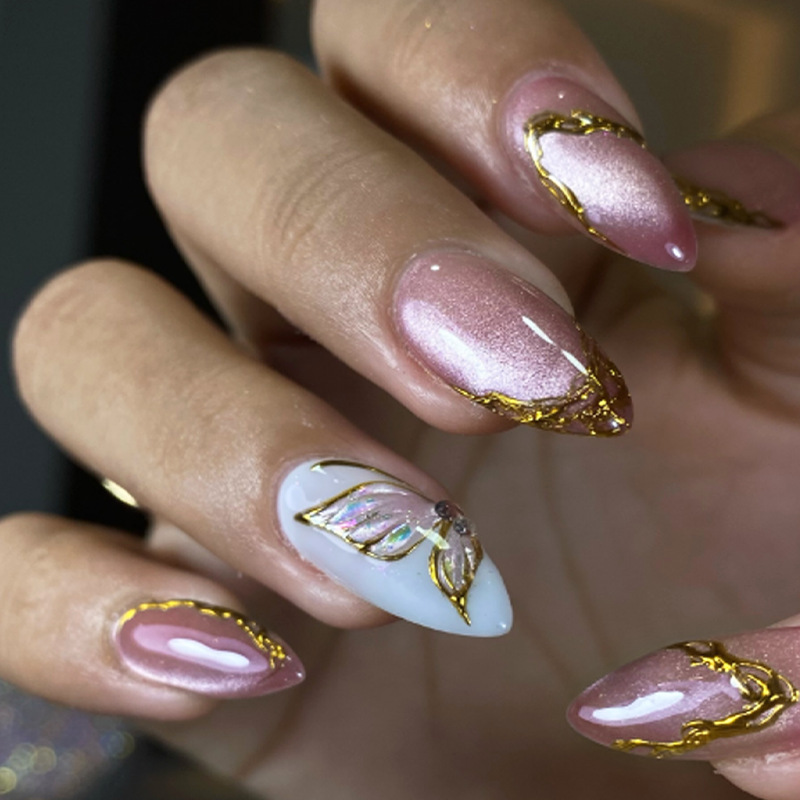 Nail Art Full Cat Eye - Cat Eye Almond False Nails Golden