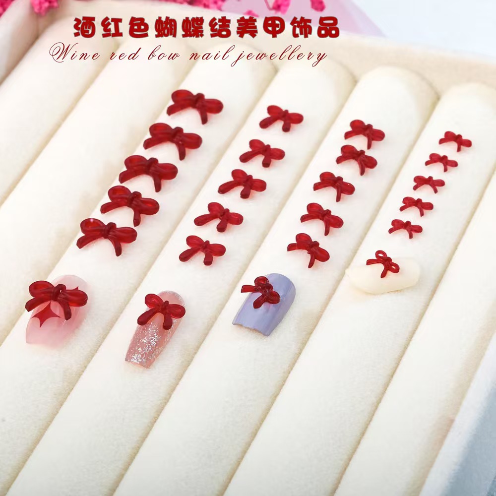 Nail Art Red Wine - French Wine Red Bow Nail Art