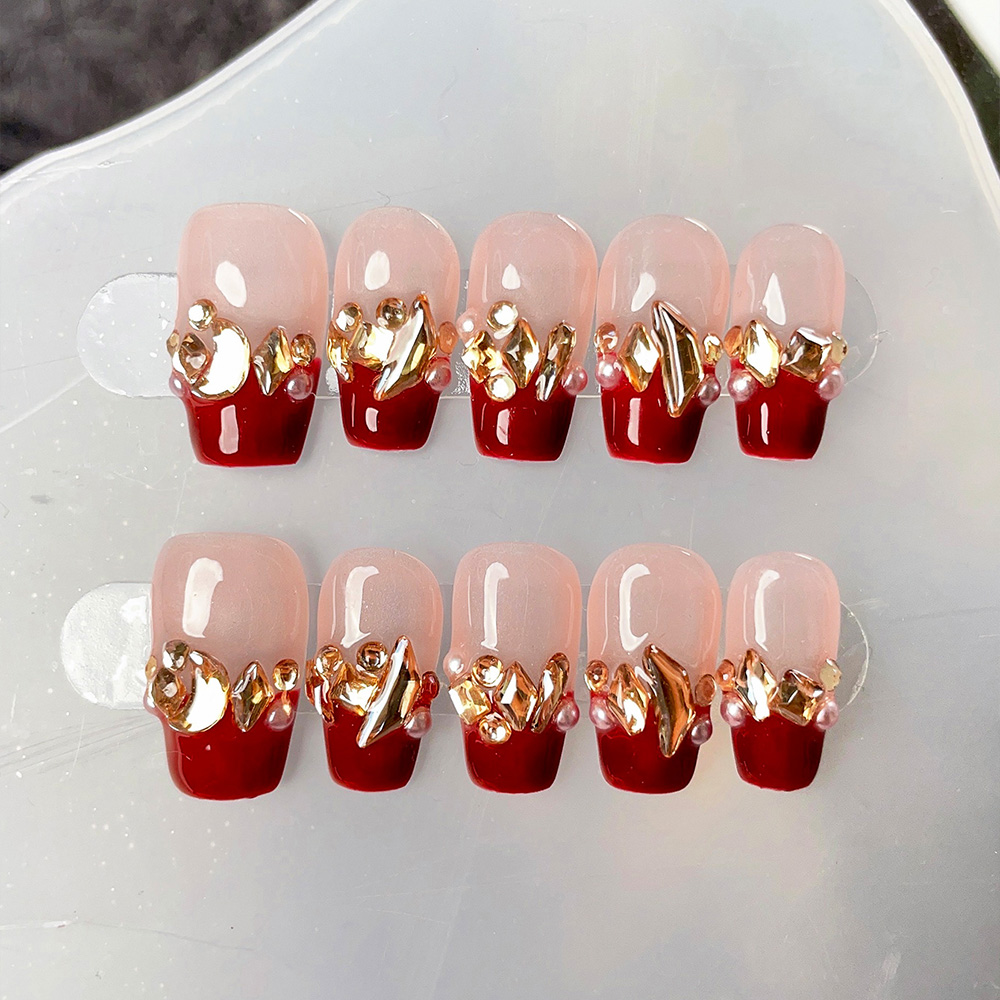Nail Art Red Wine - 10pcs Short Trapezoid Handmade Press On