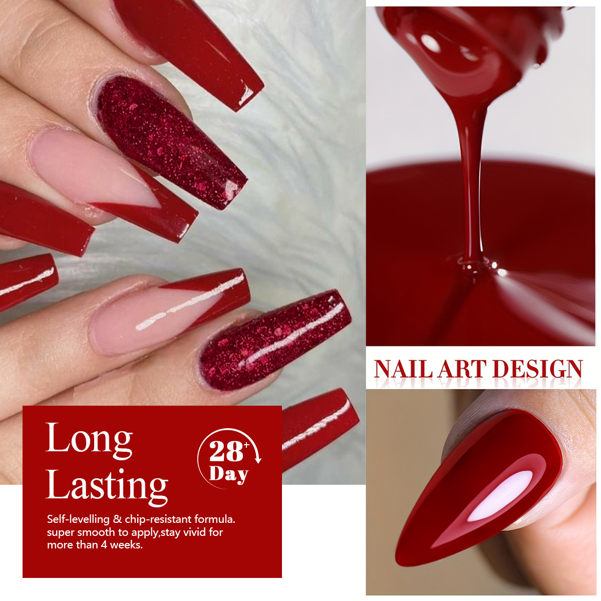 4Pcs Wine Red Solid Glitter Ge - Nail Art Red Wine recension och pris